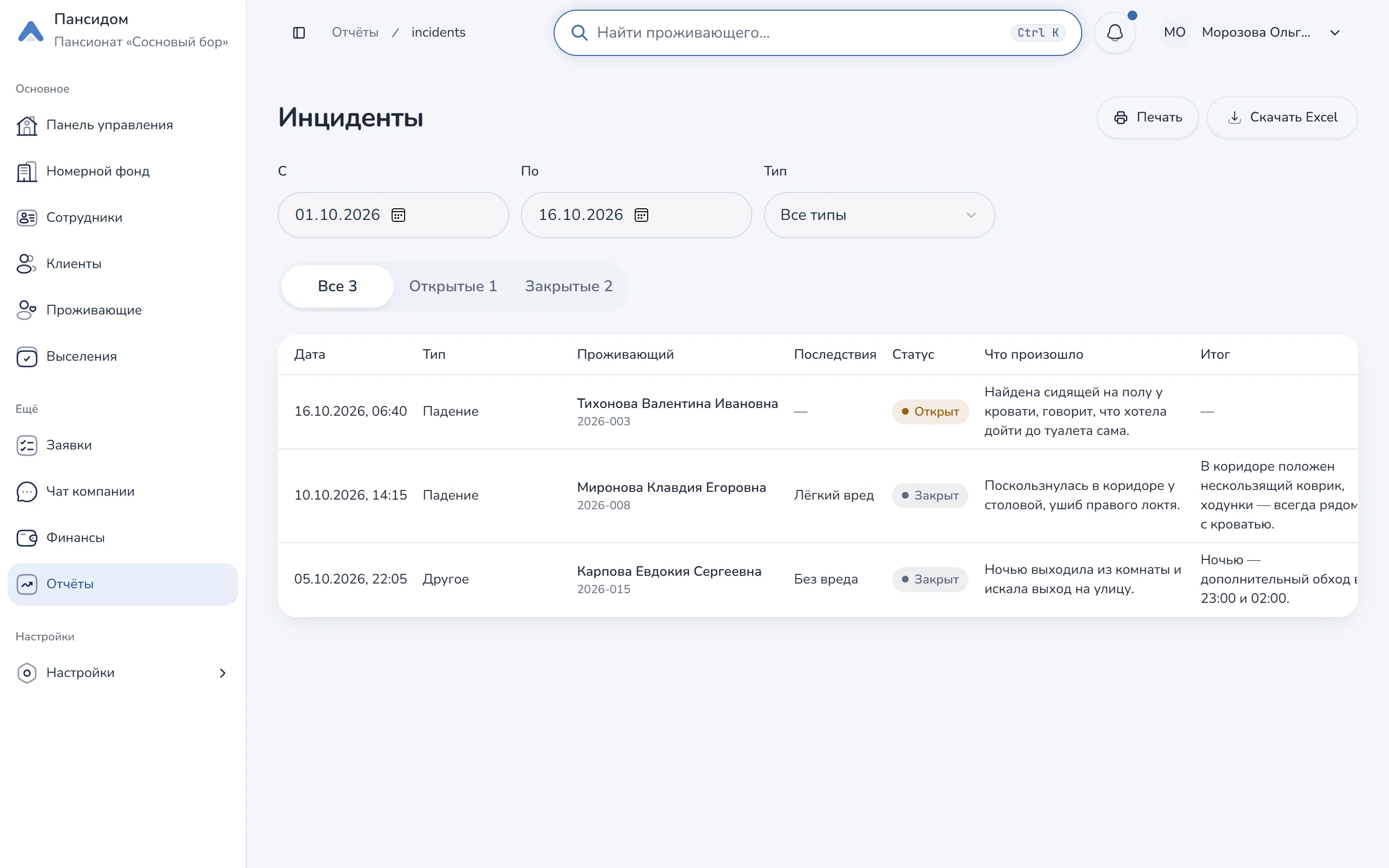 Отчёт «Инциденты» за период с последствиями и итогом разбора